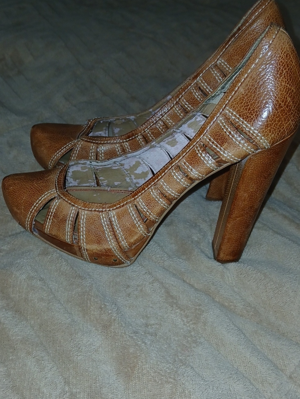 Women’s Vintage Miss Sixty Light Brown Leather Peep-Toe High Heels Sz: 38/ 7
